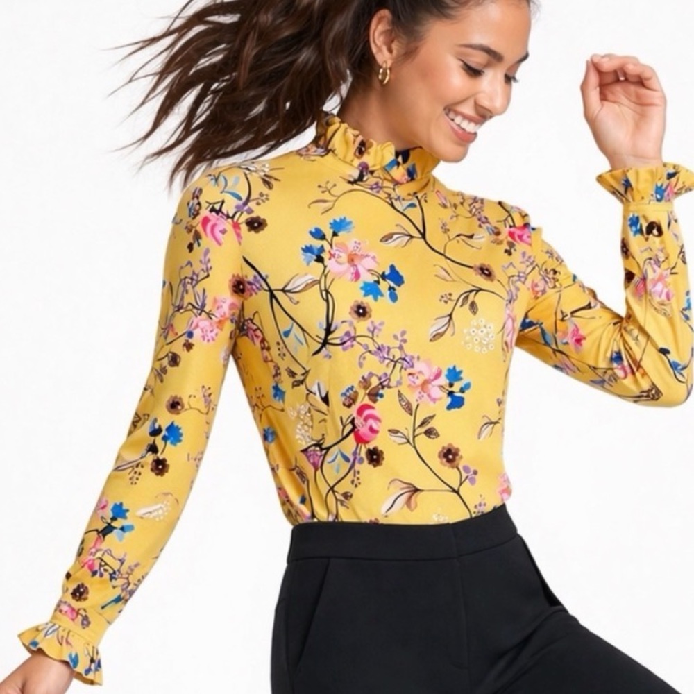 Stine Goya XS Yellow Floral Vines Manila Top Ruffle Mock Neck / Cuff NEW